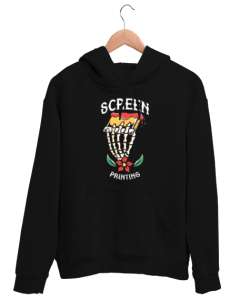 Printing - Serigrafi Baskı - İskelet El Siyah Unisex Kapşonlu Sweatshirt