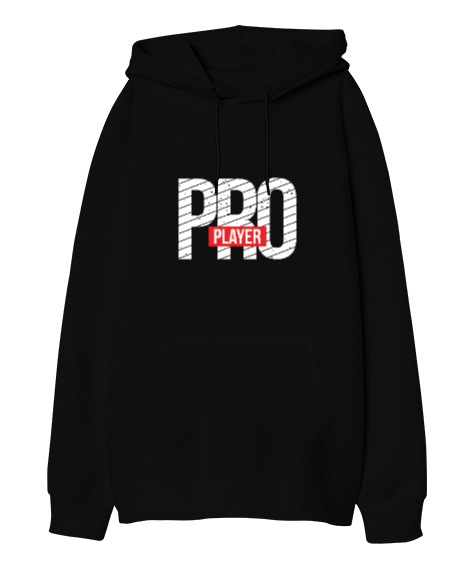 Pro Player Gamer Edition Baskılı Siyah Oversize Unisex Kapüşonlu Sweatshirt