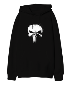 Punisher Kuru Kafa Baskılı Siyah Oversize Unisex Kapüşonlu Sweatshirt