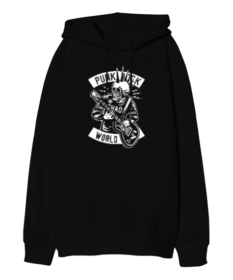 Punk Rock Siyah Oversize Unisex Kapüşonlu Sweatshirt