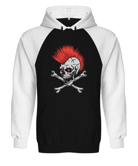 Punk Skull Siyah/Beyaz Orjinal Reglan Hoodie Unisex Sweatshirt