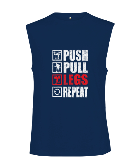 Push Pull Legs Repeat Bodybuilding Gym Fitness Lacivert Kesik Kol Unisex Tişört