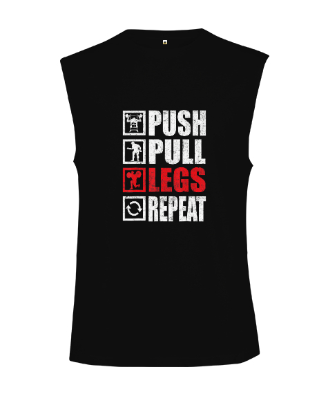 Push Pull Legs Repeat Bodybuilding Gym Fitness Siyah Kesik Kol Unisex Tişört