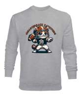 Quarterback Cattitude Amerikan Futbol Kedisi - Retro Gri Erkek Sweatshirt - Thumbnail