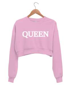 QUEEN baskılı pembe Pembe Kadın Crop Sweatshirt