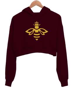 QueenBee - Kraliçe Arı Bordo Kadın Crop Hoodie Kapüşonlu Sweatshirt