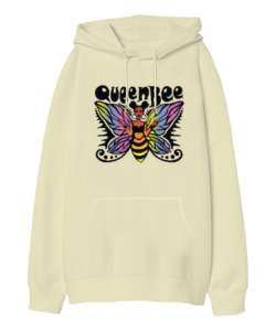 Queenbee - Kraliçe Arı Krem Oversize Unisex Kapüşonlu Sweatshirt