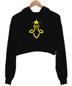 Queenbee - Kraliçe Arı Siyah Kadın Crop Hoodie Kapüşonlu Sweatshirt