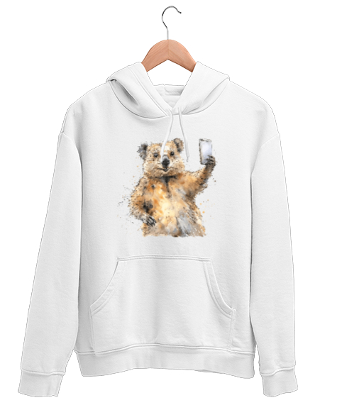 Tisho - Quokka Selfie - Koaka Selfi Beyaz Unisex Kapşonlu Sweatshirt