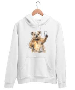 Quokka Selfie - Koaka Selfi Beyaz Unisex Kapşonlu Sweatshirt