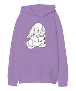 Rabbit Lila Oversize Unisex Kapüşonlu Sweatshirt