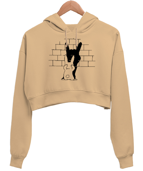 Tisho - Rabbit Shadow - Tavşan Gölge Oyunu Camel Kadın Crop Hoodie Kapüşonlu Sweatshirt