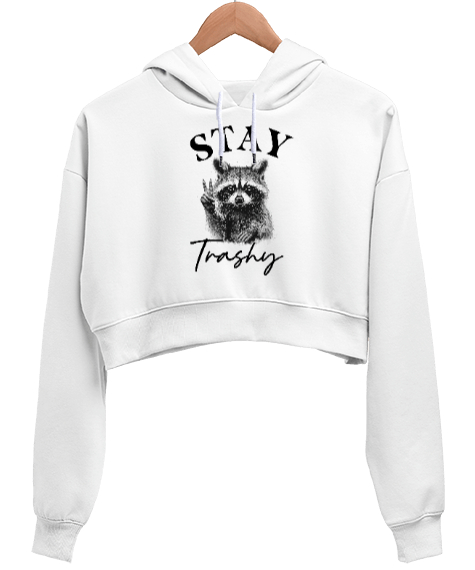 Tisho - Racoon Stay Trashy Beyaz Kadın Crop Hoodie Kapüşonlu Sweatshirt