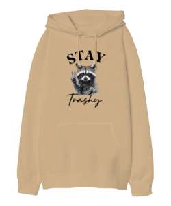 Racoon Stay Trashy Camel Oversize Unisex Kapüşonlu Sweatshirt