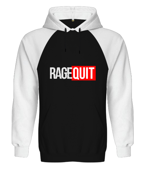 Rage Quit Gamer Edition Baskılı Siyah/Beyaz Orjinal Reglan Hoodie Unisex Sweatshirt