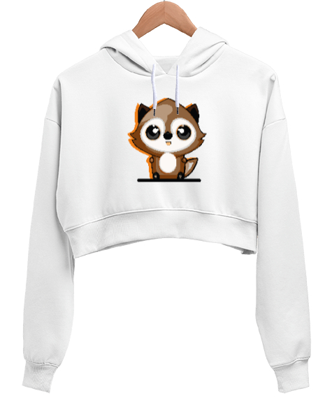 Rakun Beyaz Kadın Crop Hoodie Kapüşonlu Sweatshirt