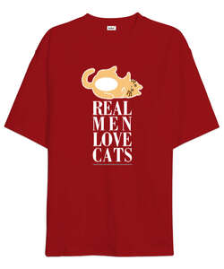 Real Men Love Cat Kırmızı Oversize Unisex Tişört