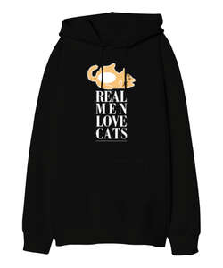 Real Men Love Cat Siyah Oversize Unisex Kapüşonlu Sweatshirt