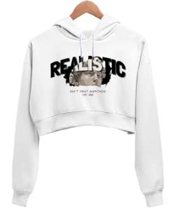 Realistic Tasarım Baskılı Beyaz Kadın Crop Hoodie Kapüşonlu Sweatshirt