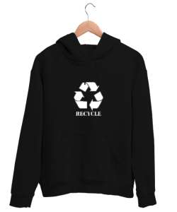 Recycle - Geri Dönüşüm Siyah Unisex Kapşonlu Sweatshirt