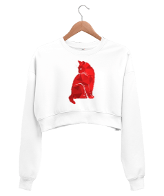 Red Cat Baskılı Kadın Crop Sweatshirt