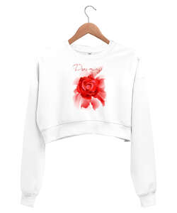 Red Rose - Dreaming - Beyaz Kadın Crop Sweatshirt