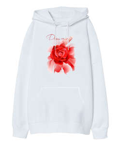 Red Rose - Dreaming - Beyaz Oversize Unisex Kapüşonlu Sweatshirt