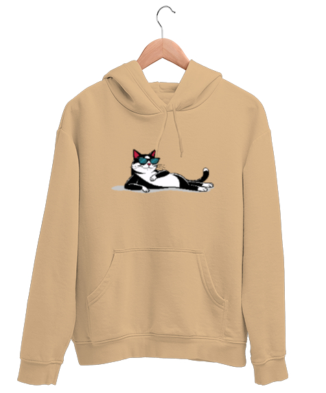 Tisho - Relax - Uzanmış Kedi Camel Unisex Kapşonlu Sweatshirt