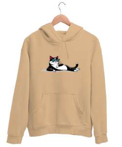 Relax - Uzanmış Kedi Camel Unisex Kapşonlu Sweatshirt