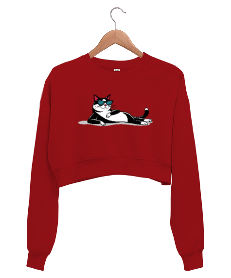 Tisho - Relax - Uzanmış Kedi Kırmızı Kadın Crop Sweatshirt