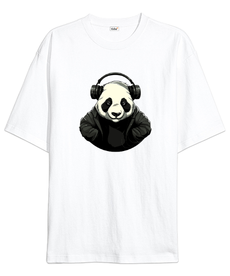 Tisho - Relax ve Müzik Dinleyen Cool Panda Beyaz Oversize Unisex Tişört