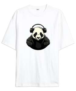 Relax ve Müzik Dinleyen Cool Panda Beyaz Oversize Unisex Tişört