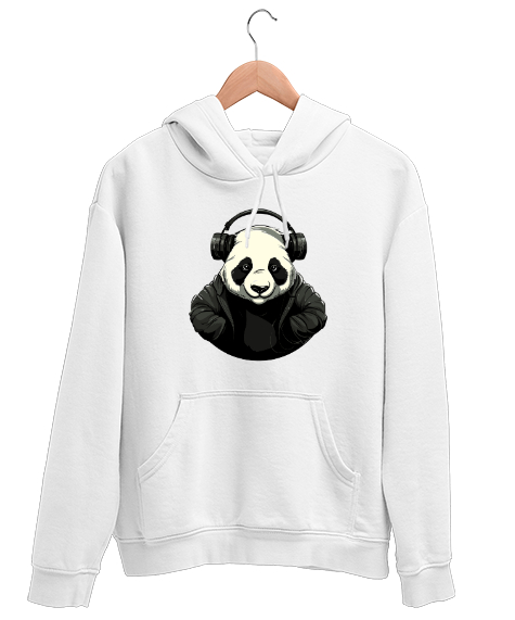 Tisho - Relax ve Müzik Dinleyen Cool Panda Beyaz Unisex Kapşonlu Sweatshirt