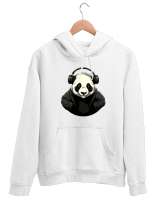 Relax ve Müzik Dinleyen Cool Panda Beyaz Unisex Kapşonlu Sweatshirt - Thumbnail