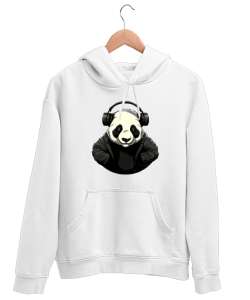 Relax ve Müzik Dinleyen Cool Panda Beyaz Unisex Kapşonlu Sweatshirt