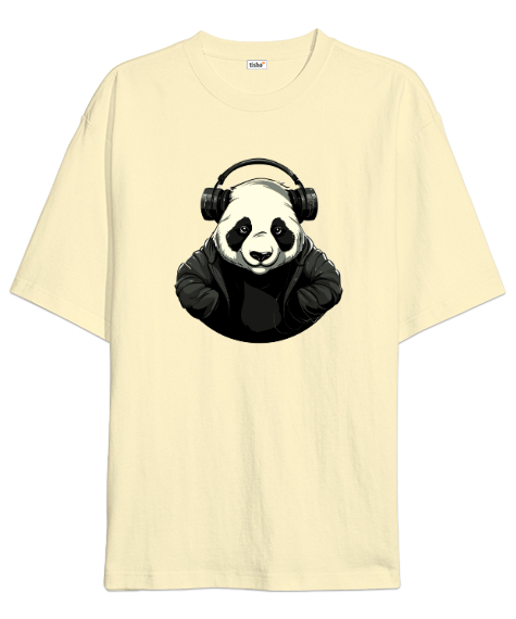 Tisho - Relax ve Müzik Dinleyen Cool Panda Krem Oversize Unisex Tişört