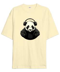 Relax ve Müzik Dinleyen Cool Panda Krem Oversize Unisex Tişört