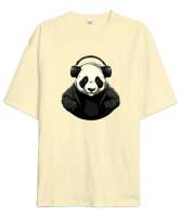 Relax ve Müzik Dinleyen Cool Panda Krem Oversize Unisex Tişört - Thumbnail