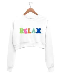 Relax Yazılı Beyaz Kadın Crop Sweatshirt