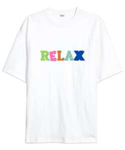 Relax Yazılı Beyaz Oversize Unisex Tişört