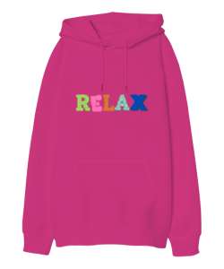  Relax Yazılı Fuşya Oversize Unisex Kapüşonlu Sweatshirt