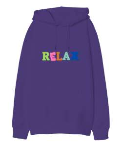  Relax Yazılı Mor Oversize Unisex Kapüşonlu Sweatshirt