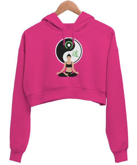 Tisho - Relax Yoga Meditasyon - Ying Yang Fuşya Kadın Crop Hoodie Kapüşonlu Sweatshirt