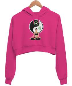 Relax Yoga Meditasyon - Ying Yang Fuşya Kadın Crop Hoodie Kapüşonlu Sweatshirt