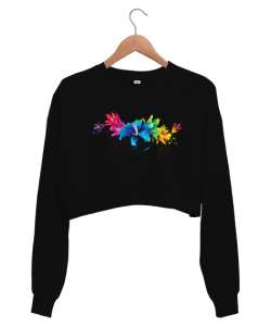 Rengarenk Çiçekler Siyah Kadın Crop Sweatshirt