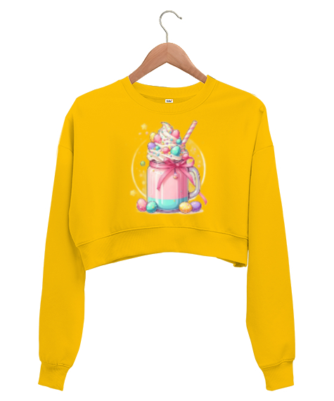 Tisho - Rengarenk drajeli içecek detaylı Sarı Kadın Crop Sweatshirt