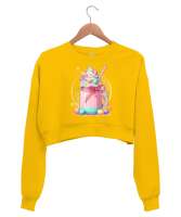 Rengarenk drajeli içecek detaylı Sarı Kadın Crop Sweatshirt - Thumbnail