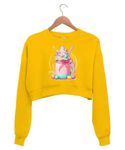 Rengarenk drajeli içecek detaylı Sarı Kadın Crop Sweatshirt