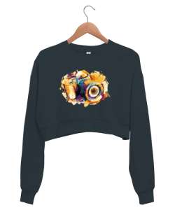 Renkli Çizim Kamera Füme Kadın Crop Sweatshirt