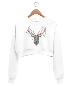 Renkli Geyik kafası Kadın Crop Sweatshirt